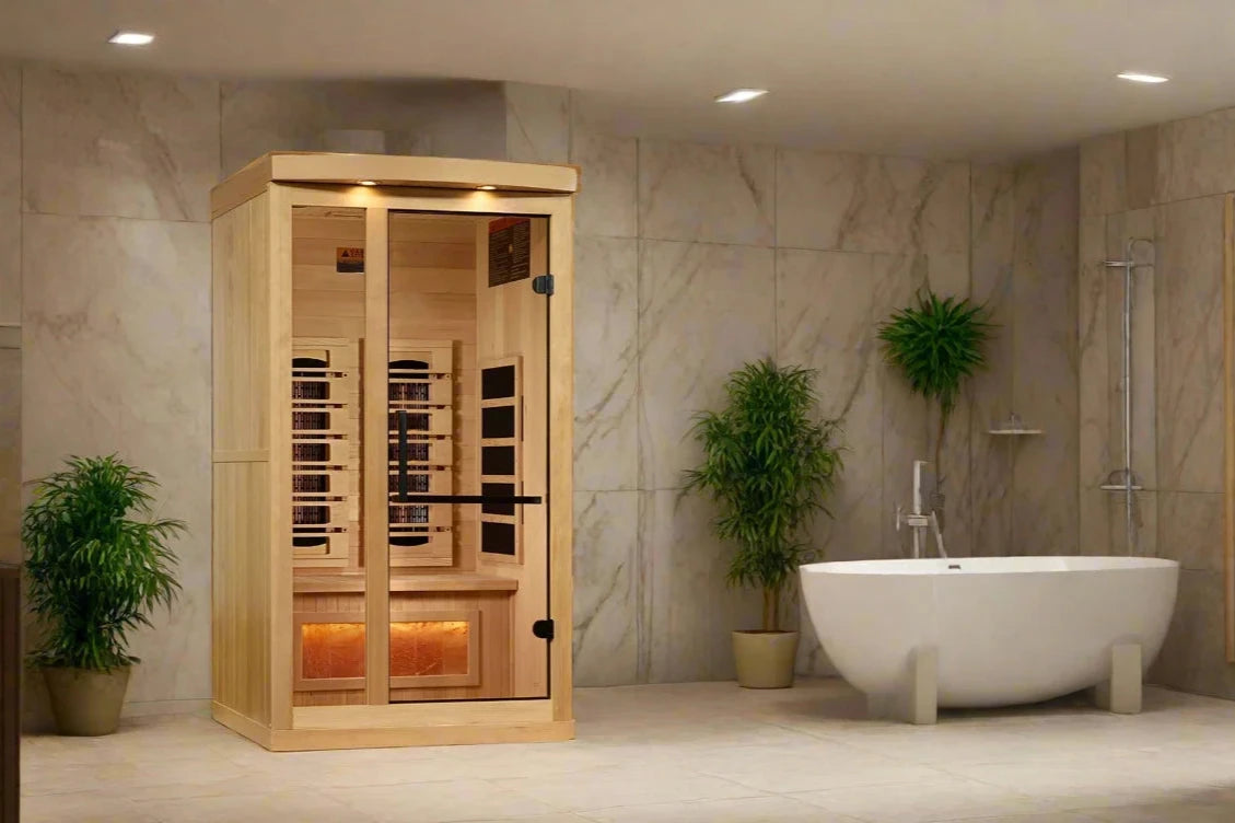 Golden Designs 1-Person Full Spectrum PureTech™ Near Zero EMF FAR Infrared Sauna with Himalayan Salt Bar