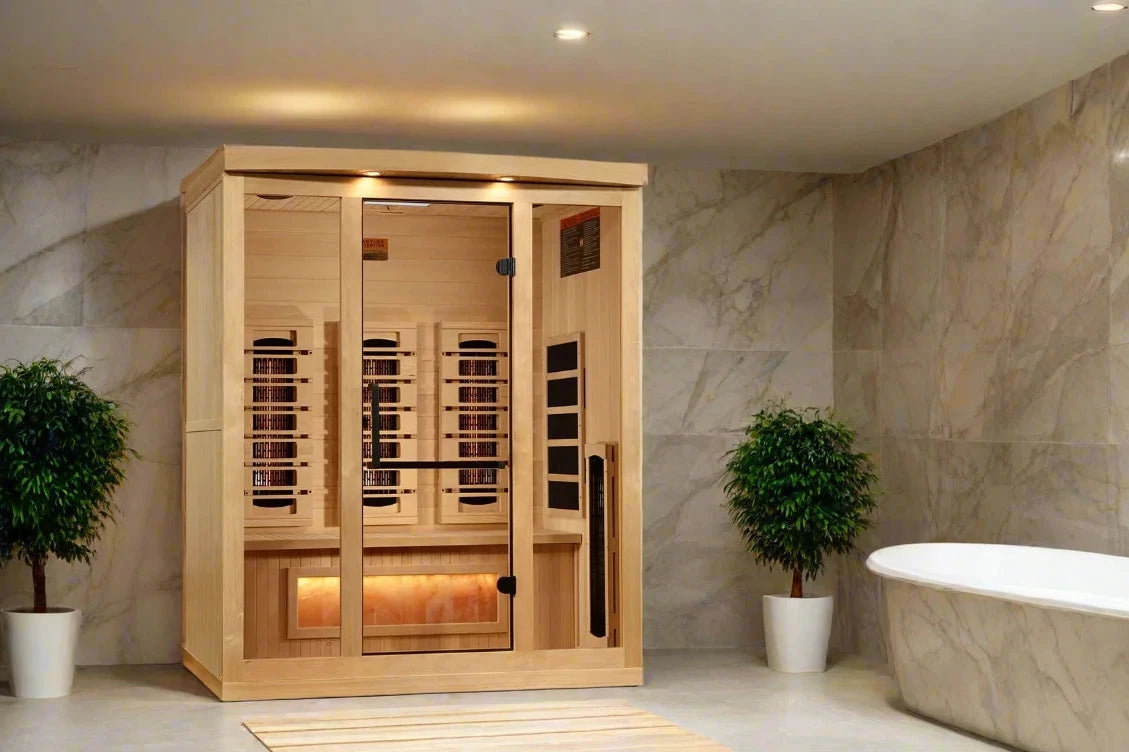 Golden Designs 3-Person Full Spectrum PureTech™ Near Zero EMF FAR Infrared Sauna with Himalayan Salt Bar