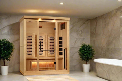 Golden Designs 3-Person Full Spectrum PureTech™ Near Zero EMF FAR Infrared Sauna with Himalayan Salt Bar
