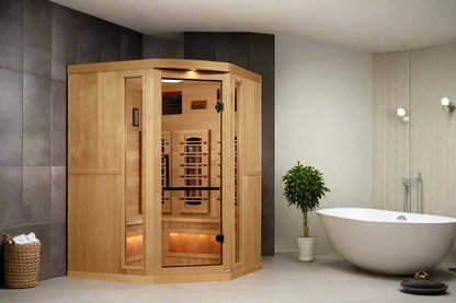 Golden Designs 3-Person Corner Full Spectrum PureTech™ Near Zero EMF FAR Infrared Sauna with Himalayan Salt Bar