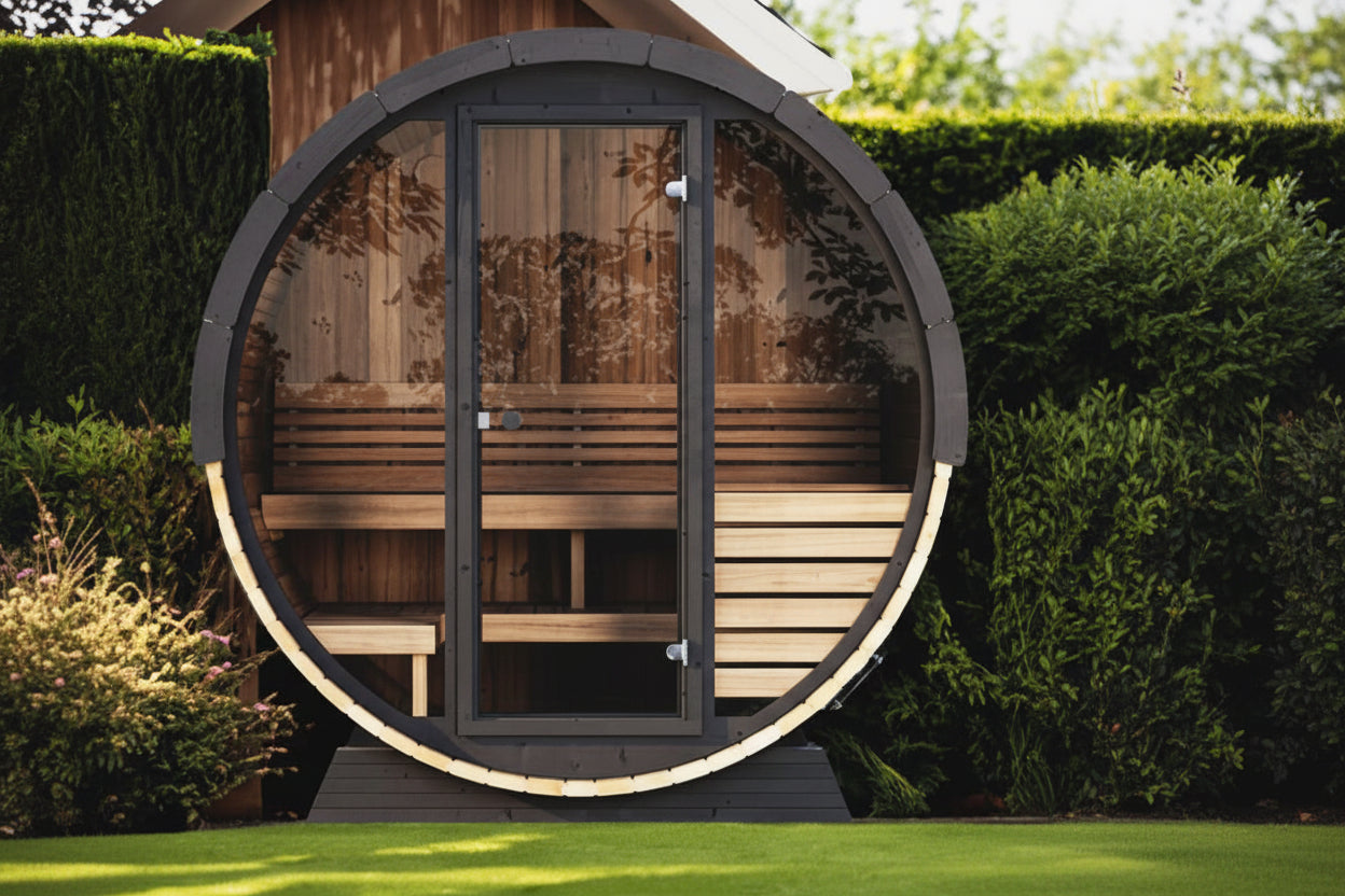 SaunaLife Model EE6G 4-Person Sauna Barrel — Full Glass Front
